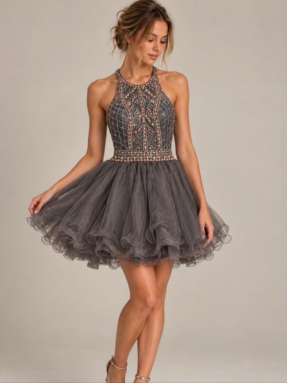NWT GLS Prom girl grey beaded halter dress tulle mini open back size S